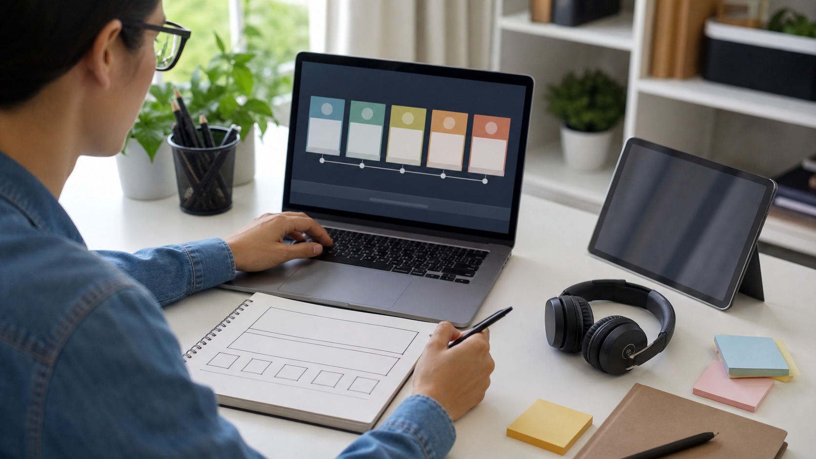 Online course creator reviewing a five-stage course prototype on a laptop