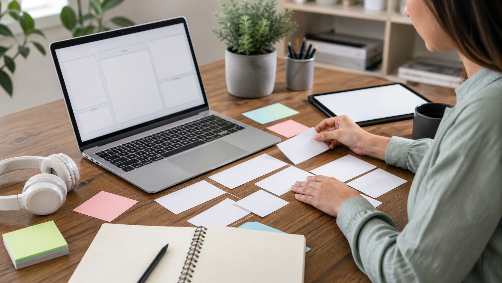 Instructional designer arranging blank lesson cards beside a laptop course storyboard