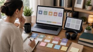 Working adult planning an online degree path for a career transition