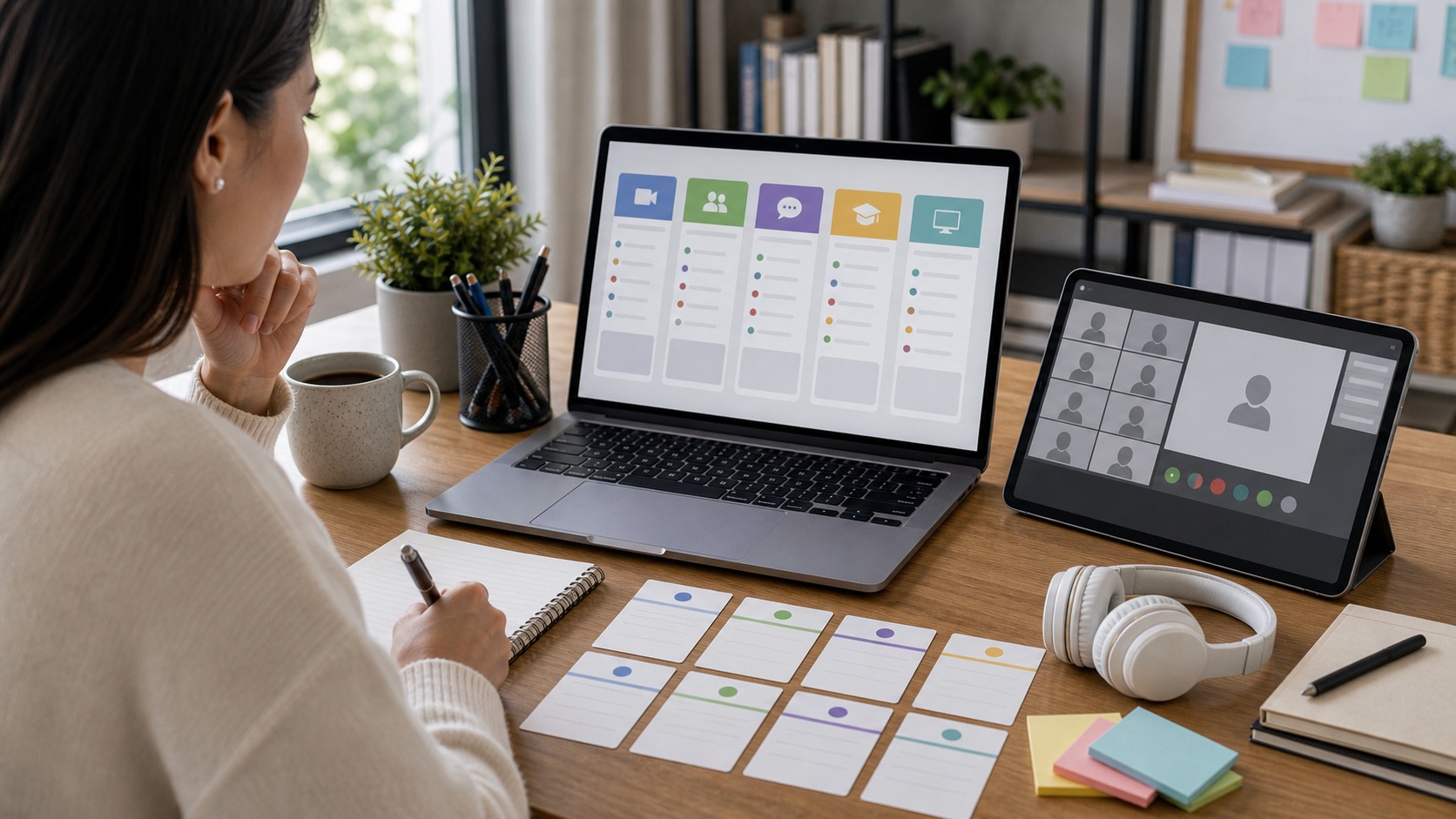Online educator comparing blank virtual classroom platform panels