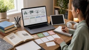 Learner comparing traditional study materials with an online course interface