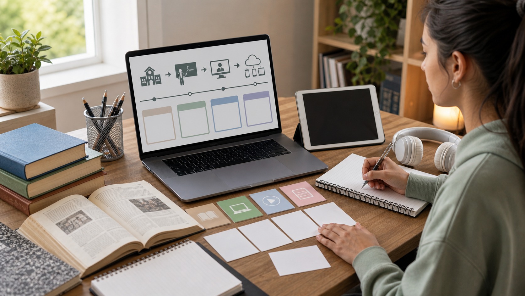 Learner comparing traditional study materials with an online course interface