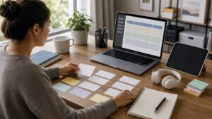 Online course creator arranging blank curriculum cards into a clear sequence