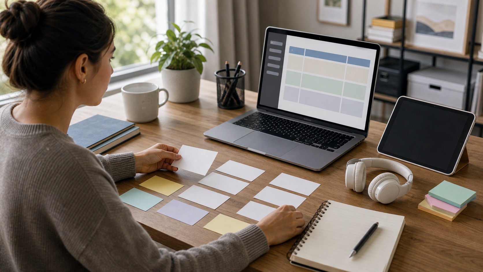 Online course creator arranging blank curriculum cards into a clear sequence