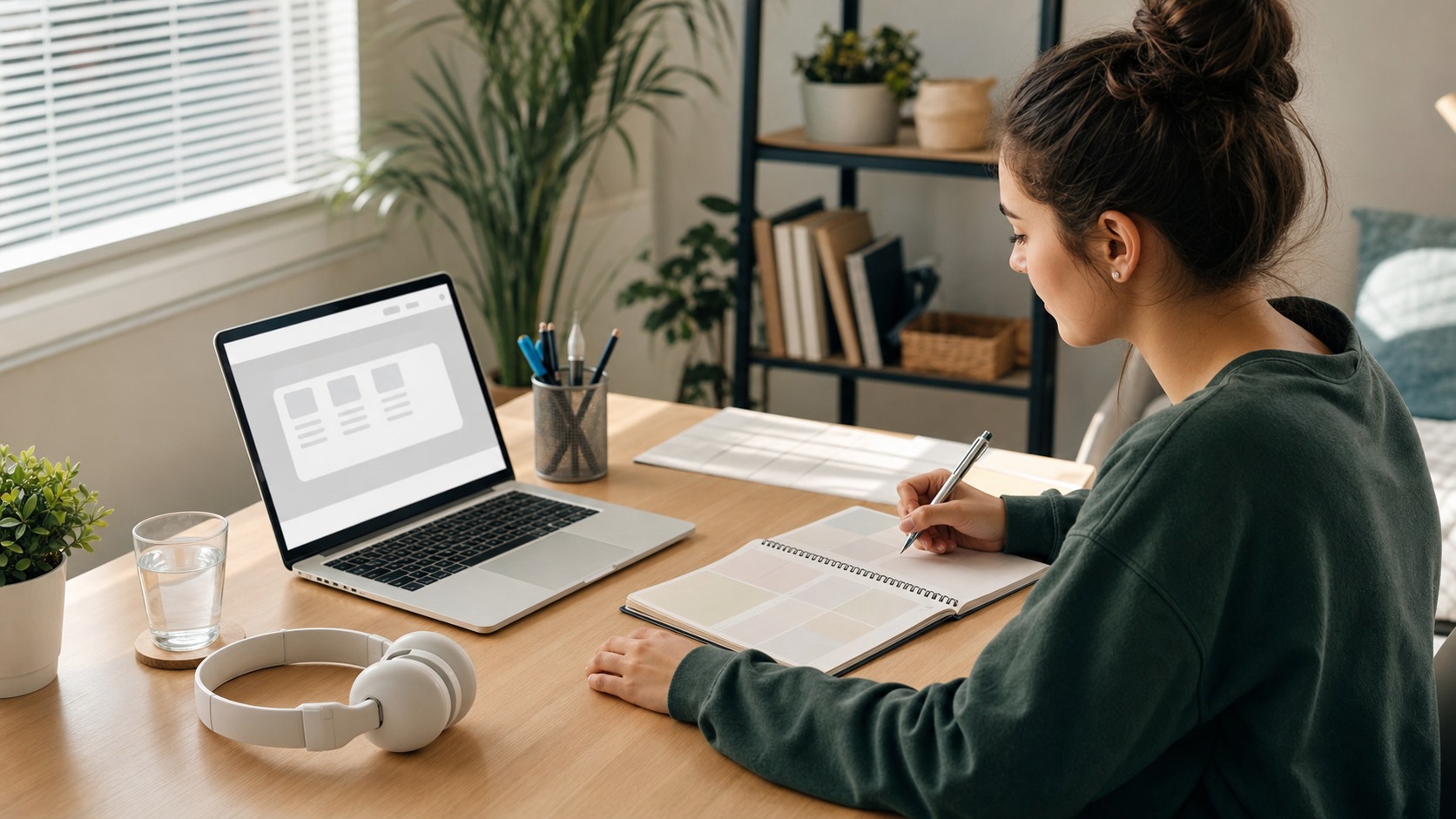 Online learner planning a study session beside a laptop course dashboard