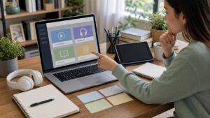 Online learner choosing between blank multimedia lesson panels