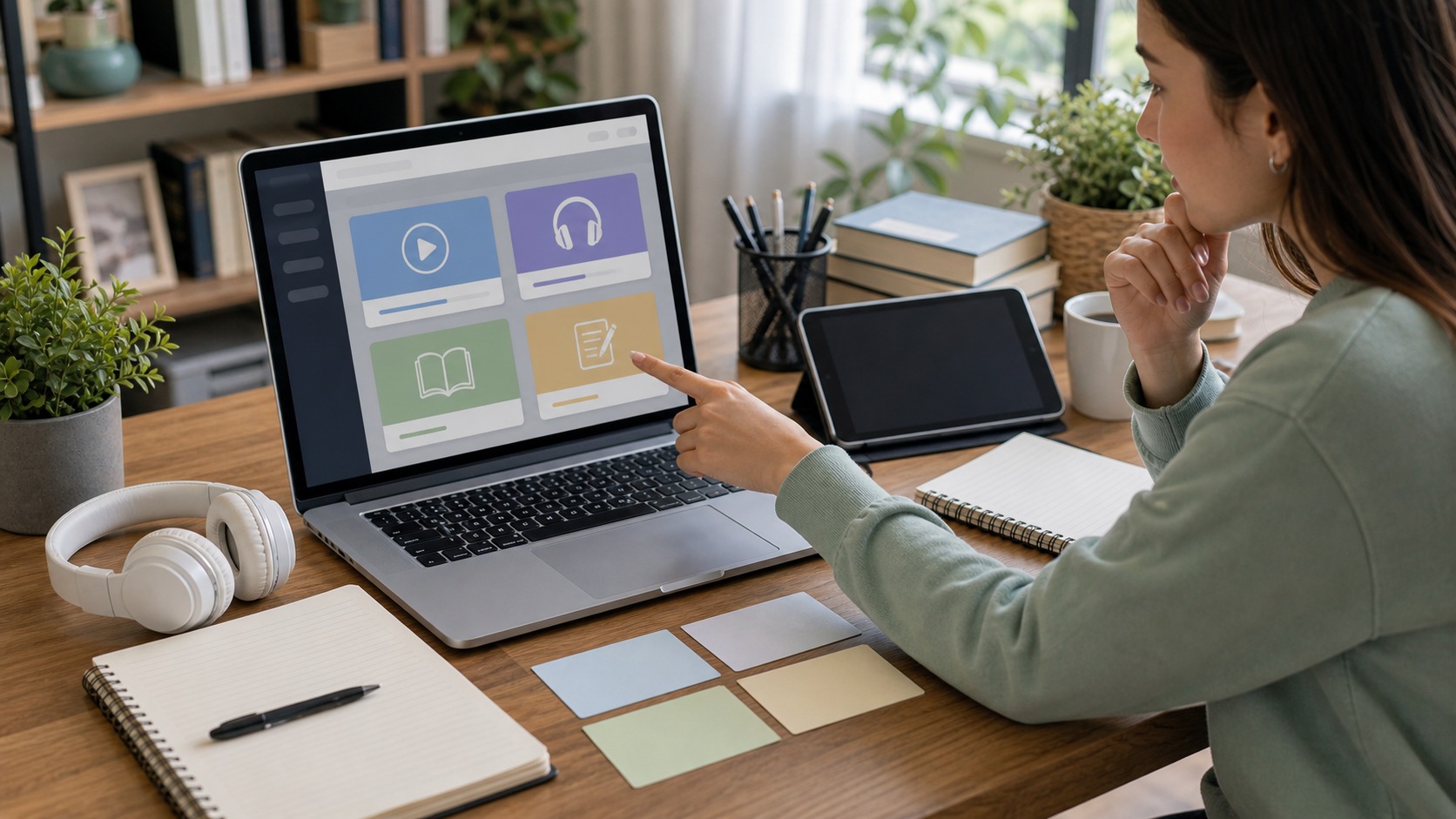 Online learner choosing between blank multimedia lesson panels