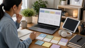 Educator reviewing blank philosophy comparison panels in an online course planner