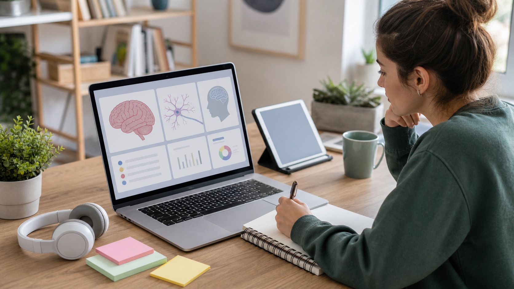 Online learner watching a neuroscience lesson on a laptop