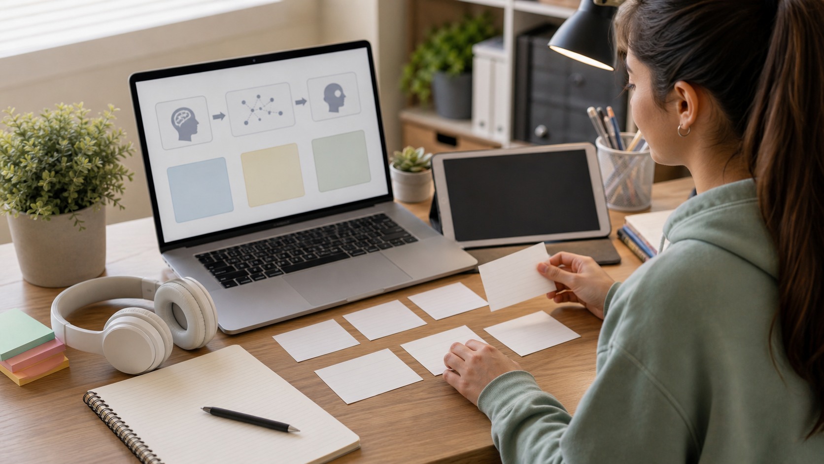 Online learner arranging blank study cards during a memory lesson