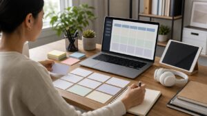 Online course creator organizing blank curriculum cards beside a laptop