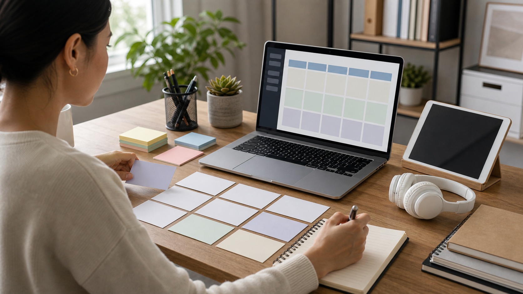 Online course creator organizing blank curriculum cards beside a laptop